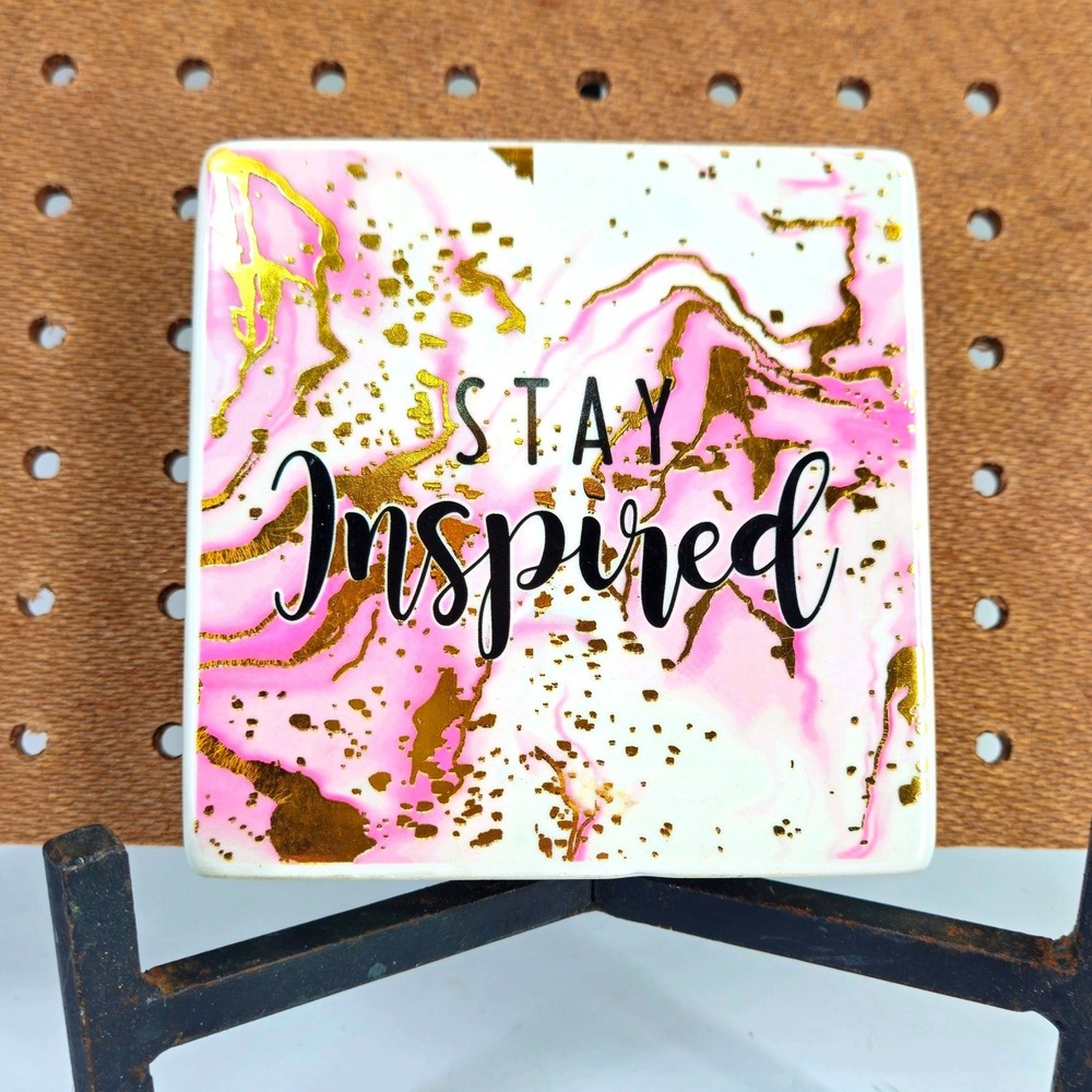 Greenbrier Itn'l "Stay Inspired" Sq Ceramic Paperweight Shelf Decor Pink Gold 5"